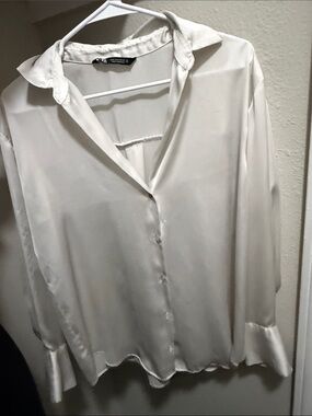 Zara White Satin Button-Down Blouse